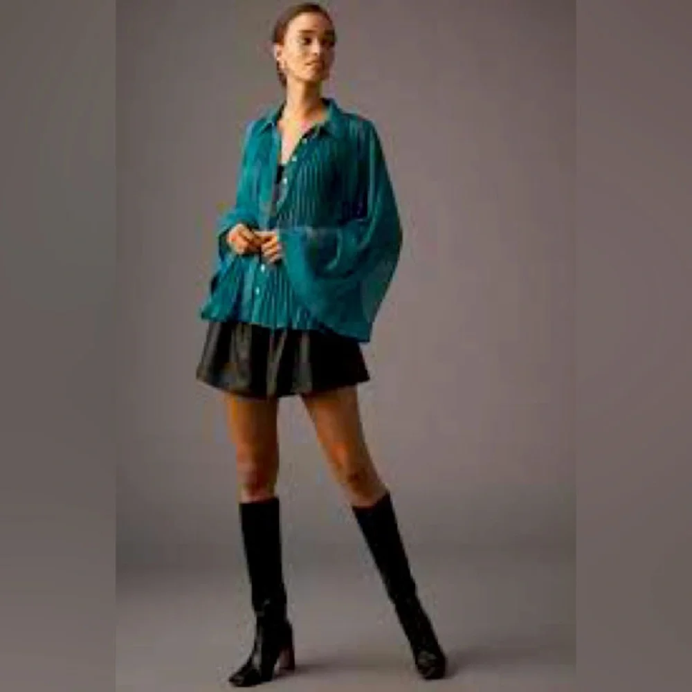 Maeve by Anthropologie l Sheer Pleated Cape Sleeve Blouse in Blue Green - Picture 3 of 12